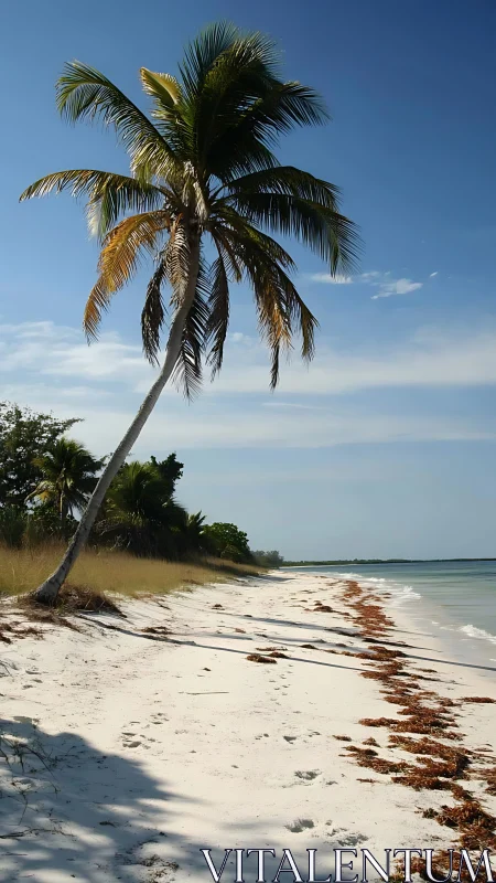 Solitary Palm on Sandy Shoreline Against Clear Blue Sky.