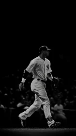 Monochrome spotlight isolates baseball infielder in motion.