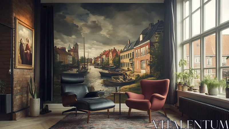 Cozy reading nook with canal mural and soft afternoon light.