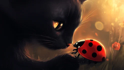 Black cat closely studies red ladybug in warm sunset light