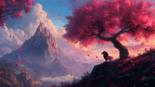 Lion sentry beneath blush tree, guarding cloudborn citadel.