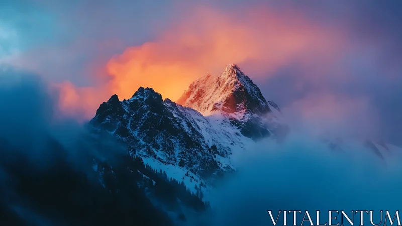 Snowy mountain peak lit by vivid pink and orange sunset.