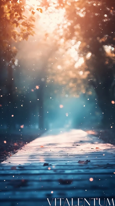 Sunlit forest path with dreamy bokeh glow at dusk.
