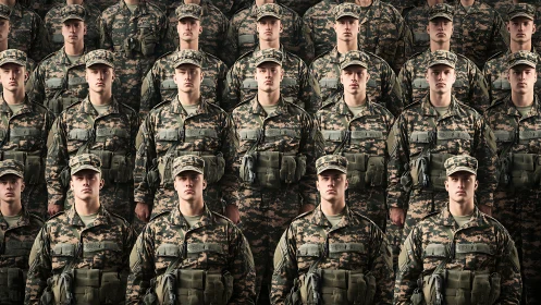 Endless rank of mirrored soldiers in digital uniformed echo.