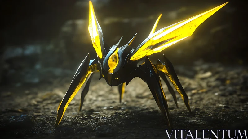 3D biomech insect drone with luminous segmented wings.