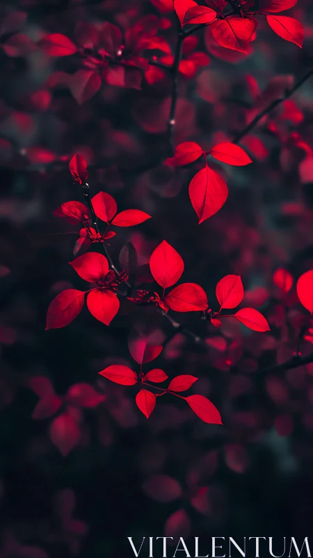 Crimson foliage in selective focus against deep shadows.