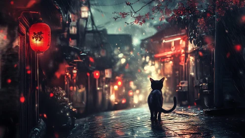 Black Cat's Rainy Night in the Glowing Red Lantern District.
