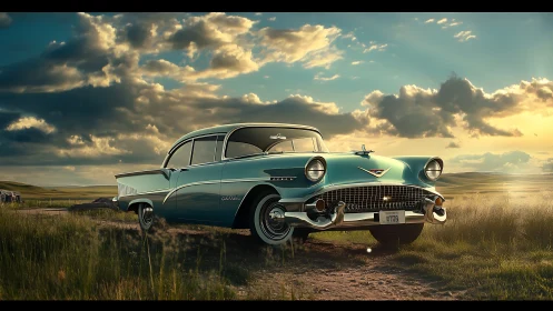 Classic turquoise sedan parked on rural dirt road at sunset.