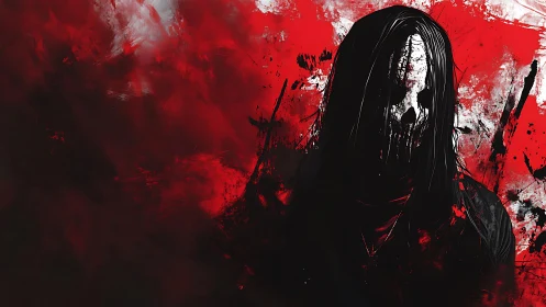 Dark figure with distorted white mask stands before red field