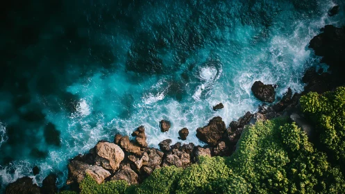 Azure surf collides with rugged cliff and neon green fringe.