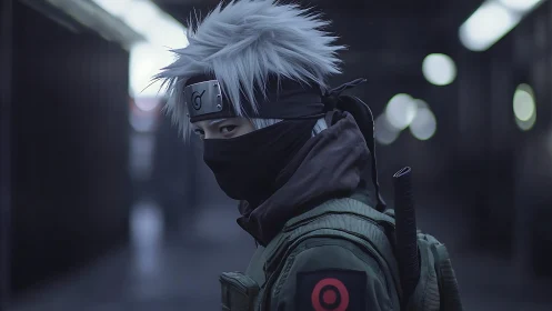 Masked silver-haired shinobi prowls the neon-shadowed platform.