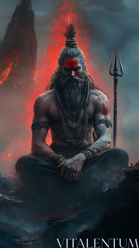 Fiery ascetic warrior meditates amid volcanic smoke and embers