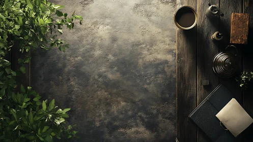 Rustic writer&rsquo;s desk meets garden-edge calm at dawn.