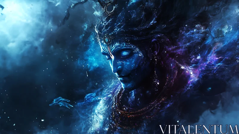 Cosmic deity dissolving into swirling nebulae and light.