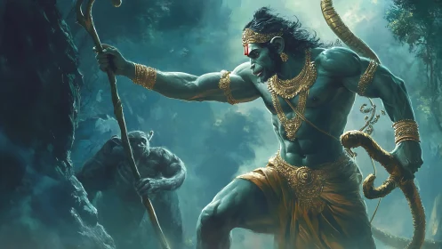 Blue-skinned warrior confronts cave creature in misty forest