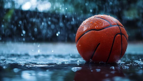 Wet basketball on reflective court under dramatic rainfall.