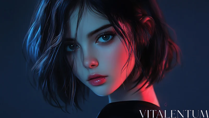 Short haired girl under neon blue and red rim light portrait.