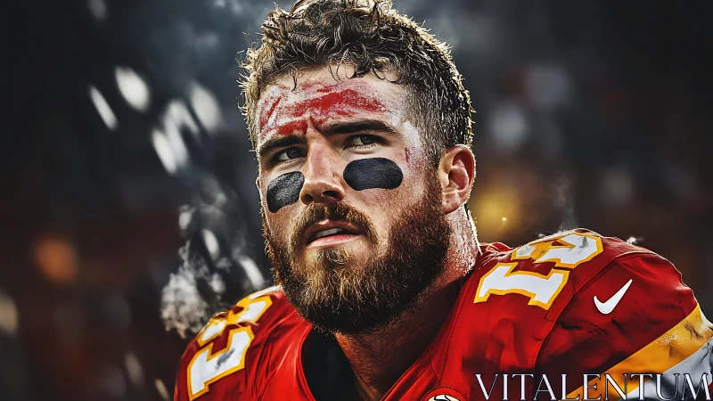 Gritty football player pauses in the glow of stadium lights