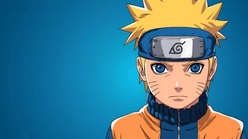 Bright eyed anime hero standing strong against blue sky.