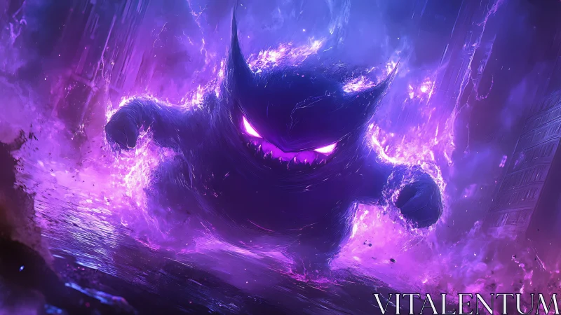 Ghostly purple beast charges through neon storm of energy.