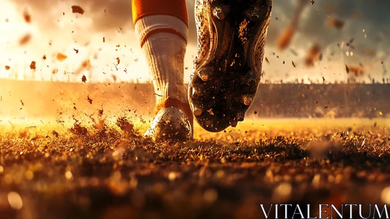 Football cleats drive through turf under blazing sunset.