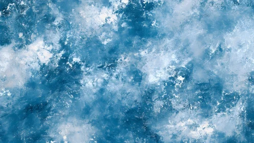 Textured blue abstract painting with cloudy brushstrokes and depth.