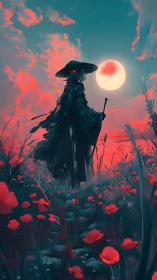 Cloaked wanderer in crimson poppy field under luminous moon