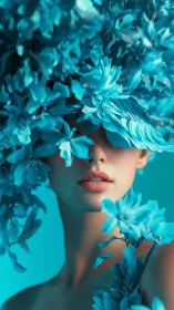 Portrait shows stylized face framed by dense cyan blossoms