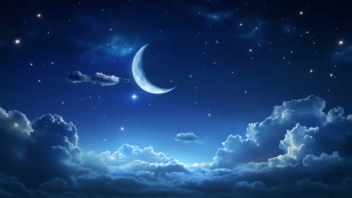 Crescent moon arcs above luminous cumulus in nocturnal sky