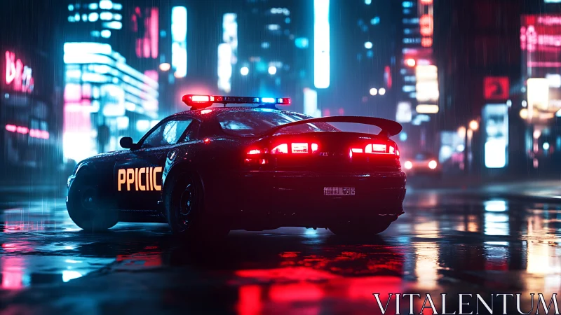 Police sports car idles in neon city street during rain