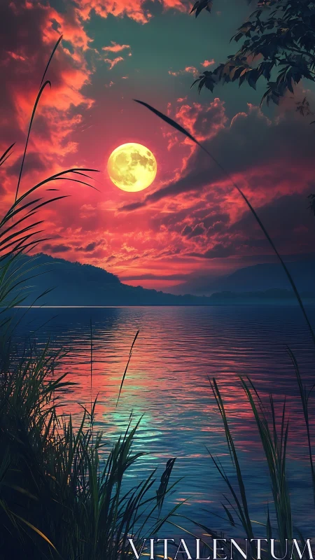 Digital painting of lunar dusk over reflective lakeshore reeds.