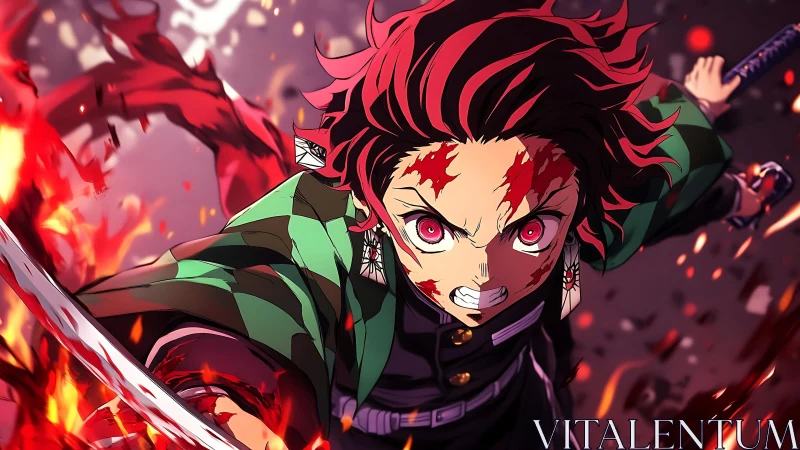 Battle-scarred swordsman lunges forward through flaming arc.