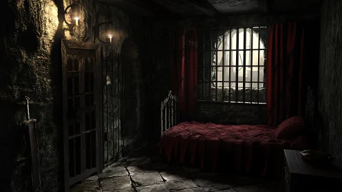 Medieval stone prison cell lit by barred window glow.