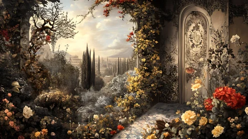 Romantic terrace garden overlooking distant cypress valley.