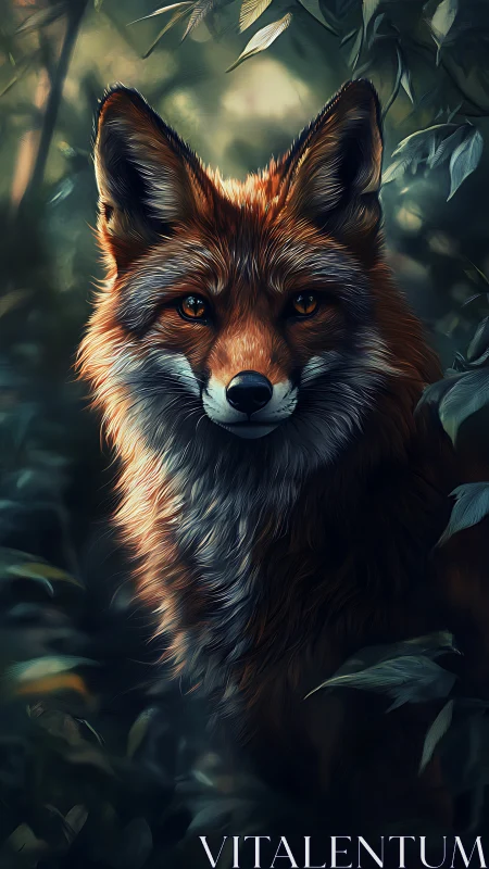 Digital fox portrait in moody forest light with vivid fur.