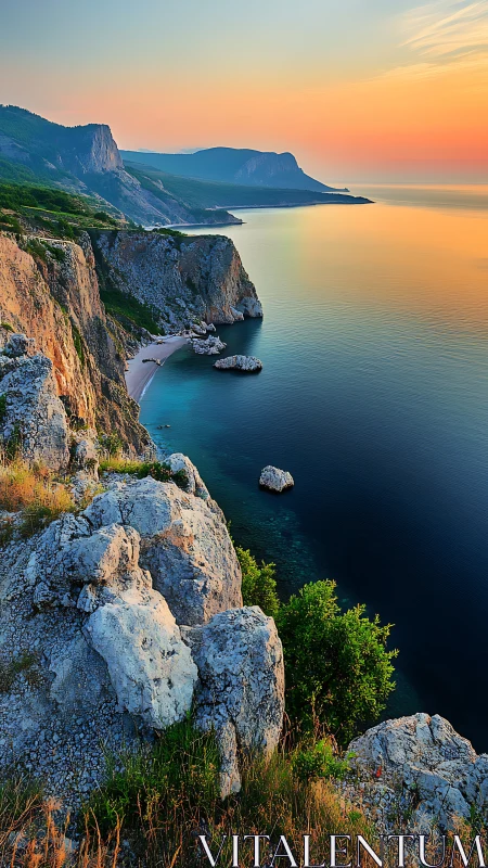 Sunset light over rugged coastal cliffs and calm sea panorama.