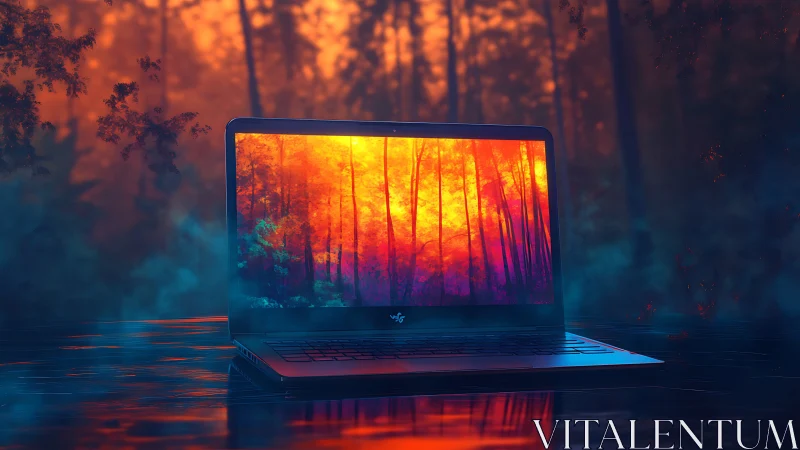 Laptop screen framing glowing digital forest in misty woods.