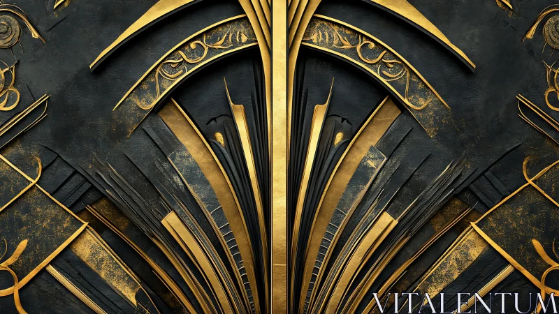 Gold and black geometric art deco abstract panel design.