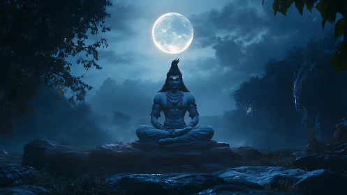 Lunar-illuminated meditative deity under volumetric moonlight.
