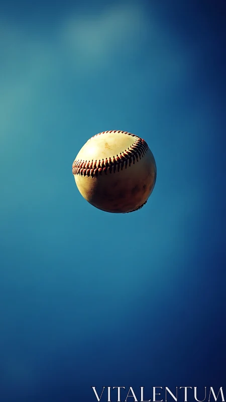Baseball is captured midair against uniform blue gradient sky