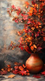 Autumn foliage arrangement in ceramic vase against textured wall.