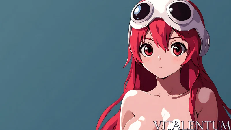 Red haired anime girl with goggles in simple portrait.