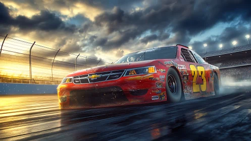 Sunset sprint with a red stock car slicing through speed.