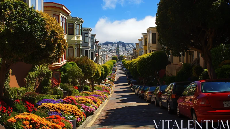 Hillside bloom and sunlit street cascading toward the bay.