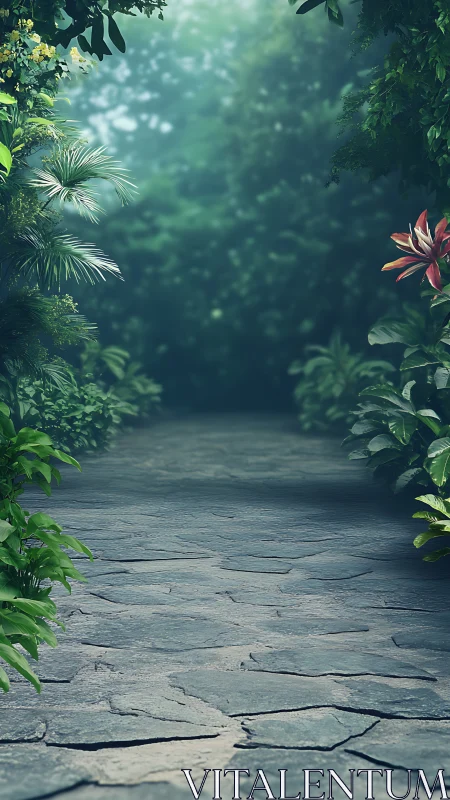 Lush Garden Pathway Through Tropical Foliage Canopy