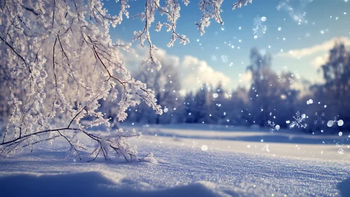 Snow covered branches over calm winter landscape.