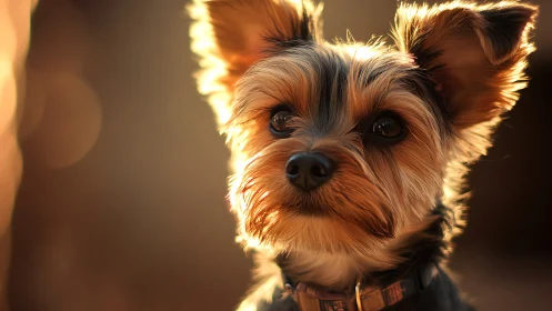 Yorkshire terrier portrait in warm golden backlight bokeh.