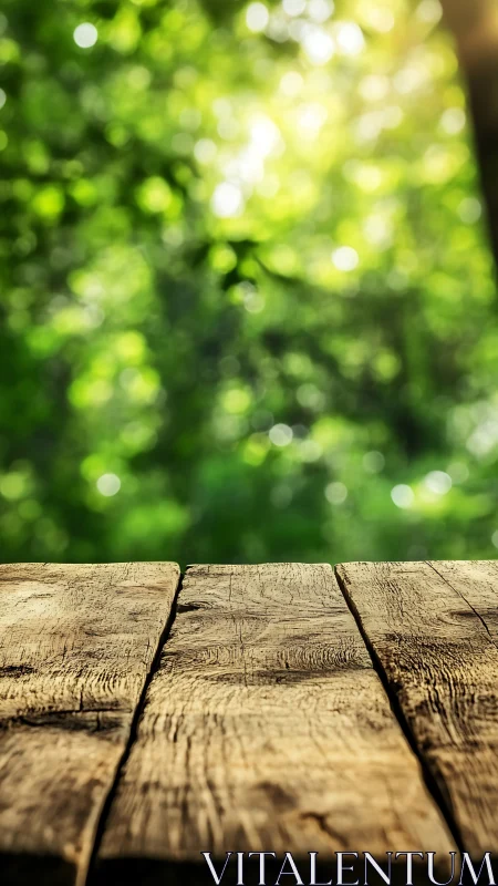 Weathered wooden deck overlooks lush green garden.