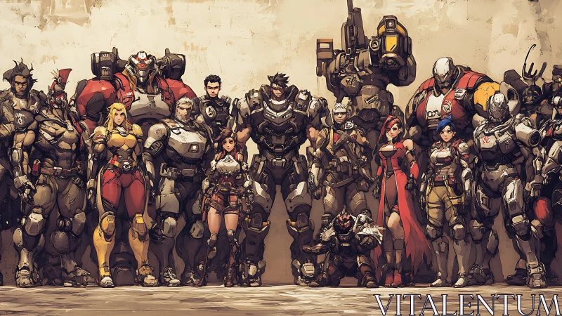Heavily armored sci fi hero lineup with exosuits and mechs