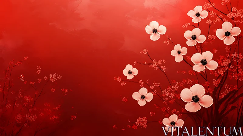 Luminescent floral composition with pale anemone flowers arranged compositionally against deep crims